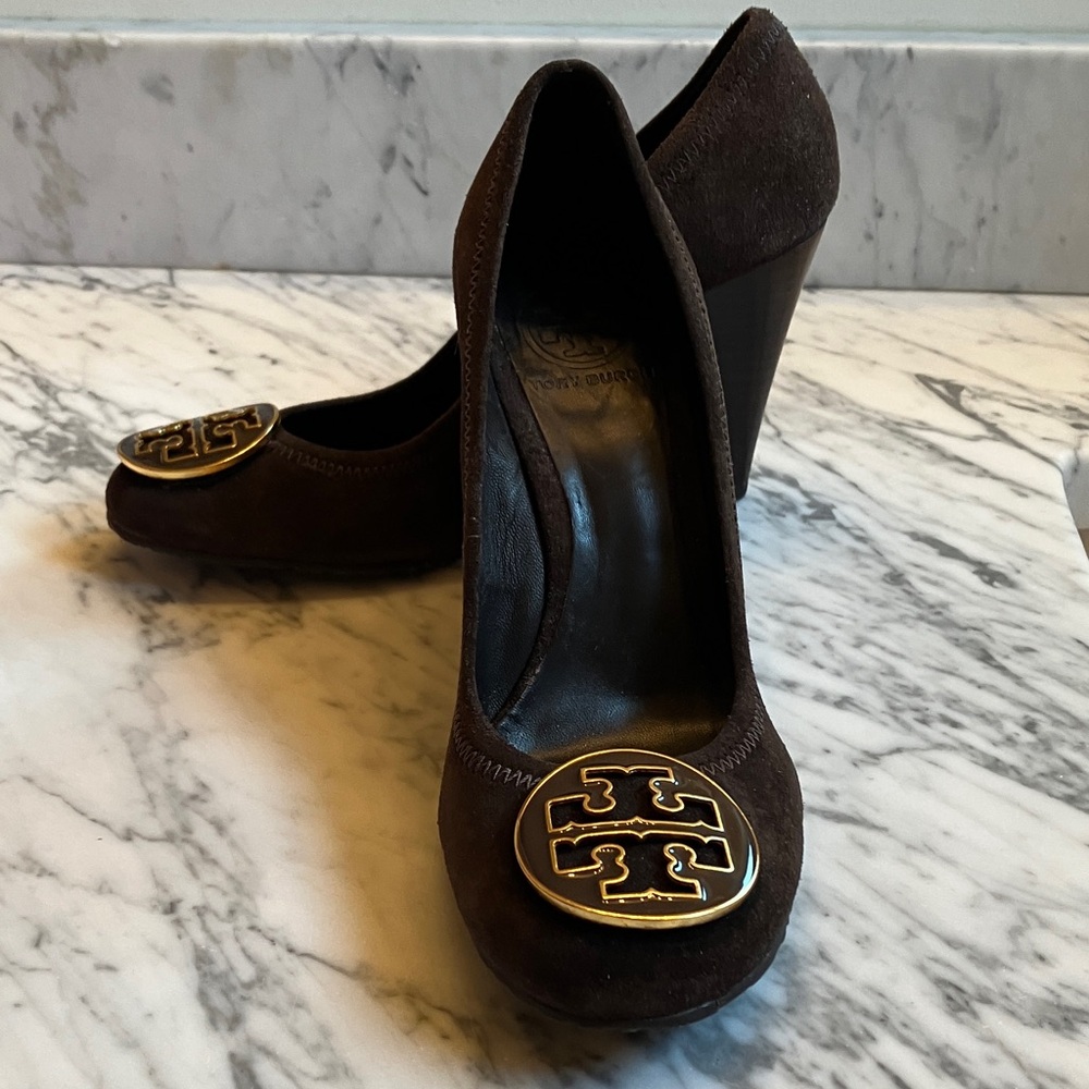 Tory Burch Dark Brown Heels with Gold Accent